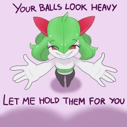 alternate_version_at_source biperadis breasts dialogue female female_only green_hair kirlia looking_at_viewer petite petite_body petite_female pink_background pokemon pov reaching_out red_eyes small_breasts smile smiling smug tubetop white_body
