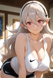 1girls 2025 2025s 2d 2d_(artwork) ai_generated big_breasts black_shorts breasts clothed clothing corrin_(fire_emblem) corrin_(fire_emblem)_(female) female female female_only fire_emblem fire_emblem_fates hair_between_eyes intelligent_systems light-skinned_female light_skin long_hair looking_at_viewer nai_diffusion nintendo pointy_ears red_eyes shorts silver_hair smile solo solo_female stable_diffusion tank_top video_game video_game_character white_tank_top