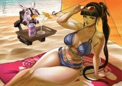 2025 bangs beach beach_towel beach_umbrella big_breasts bikini black_hair blunt_bangs brown_eyes can detailed_background drink drinking_glass eve_(stellar_blade) hi_res long_hair ponytail rankgo robot seaside shaded stellar_blade sunglasses sunglasses_on_head swimwear thick_thighs tray