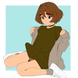 1boy aqua_background border bottomless_male brown_eyes brown_hair bulge choker closed_mouth darkened_balls erection erection_under_clothes eyebrows_visible_through_hair femboy full_body green_choker green_shirt highres jacket looking_at_self looking_down looking_down_at_self male_focus medium_hair open_clothes open_jacket opened_by_self original shirt shoes sitting sneakers solo testicles thernz thernz_(character) undressing wariza white_border white_shoes