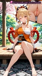 1girls 2025 ai_generated anus arm_tattoo ass bandages barefoot blonde_hair breasts chest_sarashi chest_tattoo choker cleavage feet female genshin_impact gloves hair_ornament hi_res highres hoyoverse japanese_clothes kimono looking_at_viewer mihoyo mihoyo_technology_(shanghai)_co._ltd. natsuyoru obi one_eye_closed orange_kimono oshiri patreon pussy red_choker sarashi sash sitting smile solo tattoo toenails toes tongue tongue_out vagina voluptuous voluptuous_female yoimiya_(genshin_impact)