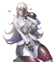 breasts character_request dullahan female fingering large_breasts lilith-soft long_hair looking_at_viewer masturbation naughty_face nipples saliva shiny_skin sian silver_hair solo sweat taimanin_asagi_battle_arena white_background