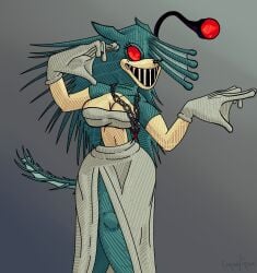 anthro breasts collar female_only fish girls_only gromfrom large_breasts pose red_eyes solo sonic.exe sonic.exe_(character) sonic.exe_(series) thick_thighs zetsubo_(sonic.exe)