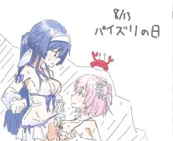 2girls assault_lily bare_arms bare_shoulders bikini blue_bow blue_hair blush bow braid breasts breasts_squeezed_together casual_one-piece_swimsuit clothed_sex clothes_lift crab criss-cross_halter detached_sleeves flower frilled_bikini frills from_side futa_with_female futanari hair_between_eyes hair_bun hair_flower hair_ornament half_up_braid halterneck hands_up highres hitotsuyanagi_riri itou_shizu_(assault_lily) long_hair long_sleeves looking_at_another looking_down looking_up multiple_girls official_alternate_costume official_alternate_hairstyle one-piece_swimsuit ooinaru_ishi_(zwna_m) paizuri parted_lips penis perpendicular_paizuri pink_bikini pink_eyes pink_hair ponytail profile purple_eyes raised_eyebrows sidelocks single_side_bun sleeve_bow standing sweat swimsuit swimsuit_lift translation_request very_long_hair white_background white_flower white_one-piece_swimsuit white_tiara