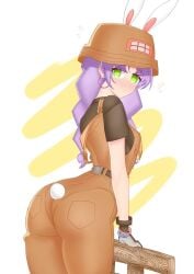 1girls ass bent_over big_ass black_shirt blush braided_hair bucket_hat bunny_ears bunny_tail clothed earrings fortnite fortnite:_battle_royale gloves green_eyes leaning_on_object looking_back mae_(fortnite) mostly_clothed overalls