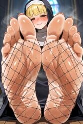 ai_generated big_feet female fishnet_legwear nun shy smell smile solo sweat