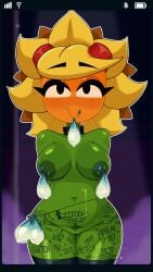 condom condom_filled condom_in_mouth filled_condom hand_on_hip looking_at_viewer naked plants_vs_zombies plants_vs_zombies:_heroes r_bismut solar_flare_(pvz) sunflower_(pvz) tattoo tattoos