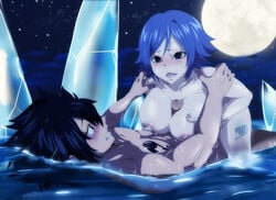 1boy 1girls aidan areolae black_hair blue_hair blush breasts fairy_tail female gray_fullbuster ice juvia_lockser large_breasts male moon nipples open_mouth paizuri short_hair straight uncensored water