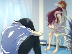 2boys against_wall ass ass_grab barefoot beard blurry brown_hair cheating feet female forced_to_watch game_cg heavy_breathing highres hoka_no_otoko_no_seieki_de_harande_mo_ii_desu_ka...? indoors legs long_hair multiple_boys netorare nude open_mouth panties panties_around_leg penetration plant sex sitting standing standing_sex straight sweat takapiko thighs toes underwear vaginal_penetration watching