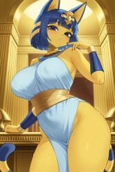 ai_generated animal_crossing ankha ankha_(animal_crossing) anthro big_breasts blush breasts dress egyptian egyptian_female female female_only furry hand_on_face hi_res jtveemo_(ai_style) large_breasts looking_at_viewer nintendo seaart.ai sleeveless_dress standing wide_hips