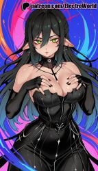 1girls 2025 ai_generated artist_name big_breasts big_breasts big_chest black_gloves black_hair black_nails breasts breasts breasts bust busty chest earrings elbow_gloves electroworld elf female fingerless_gloves fingernails gloves green_eyes hair_between_eyes hi_res high_quality high_resolution highres large_breasts layna_lazar long_fingernails long_hair nail_polish patreon patreon_username pointy_ears solo sparkle stable_diffusion virtual_youtuber watermark