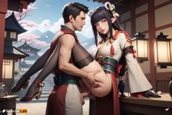 1boy 1boy1girl 1girls ai_generated arm_support artist_name ass ass_grab black_gloves black_hair blunt_bangs breasts capcom cherry_blossoms clothed_sex day eye_contact female fewer_digits gloves hair_ornament hi_res high_heels hinoa japanese_clothes large_breasts lips long_hair looking_at_another low-tied_long_hair makeup male minoto monster_hunter nose obi outdoors parted_lips patreon_username penis petals pointy_ears pussy rule34lab sandals sash sex smile standing straight thighhighs uncensored vaginal_penetration vaginal_sex wyverian yellow_eyes