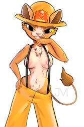 areolae areolae_visible_through_clothing black_eyes breasts curvy curvy_figure evita_fuegos feline female firefighter firefighter_helmet fur furry_female jasonmrcurdy lion_girl lion_tail looking_at_viewer nuevoleon smile tagme tongue_out wide_hips