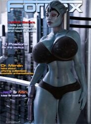 3d artist_name asari big_breasts bimbo bimbo_body bimbo_lips fake_breasts female female_only fornax holding_object honeyboy3d implants looking_at_viewer magazine_cover mass_effect samara self_upload slim_waist underwear weapon