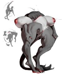 4:5 anthro big_breasts bodily_fluids breasts canid canine contortionism extreme_contortion feet female flexible fur genitals green_eyes grey_body grey_fur gyy head_in_pussy lactating mammal masturbation milk nipples oral oral_masturbation paws pussy solo splits spread_legs spreading sweat tail thick_thighs vaginal_masturbation vaginal_penetration wide_hips
