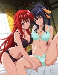 2girls ai_generated akeno_himejima bed big_ass big_breasts bikini blush curvy_female female_only girlfriends grabbing_another's_waist grabbing_waist high_school_dxd indoors lesbian_couple rias_gremory rias_x_akeno smile spread_legs thick_thighs voluptuous_female yuri yuri