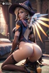 1girls ai_generated angela_ziegler anus artist_name ass bangle bed black_thighhighs blizzard_entertainment blonde_hair blue_eyes blurry bottomless bracelet breasts brown_gloves brown_thighhighs capelet earrings elbow_gloves from_behind gloves halloween halloween_costume hat hi_res high_heels indoors jewelry kneeling lips looking_at_viewer looking_back mechanical_wings medium_breasts mercy mercy_(overwatch) nose official_alternate_costume on_bed overwatch overwatch_2 pussy r34arts short_sleeves smile solo thighhighs uncensored wings witch witch_hat