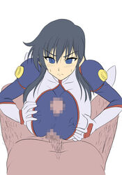 1boy black_hair blue_eyes breasts female female fujimura_shizuru leotard long_hair lying paizuri penis shinkon_gattai_godannar!! sketch straight