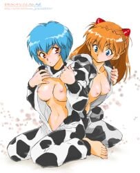 00s 2009 2girls animal_costume animal_print asuka_langley_sohryu ayanami_rei barefoot blue_eyes blue_hair breast_envy breasts cow_costume cow_girl cow_print feet full_body hairpods long_hair looking_at_breasts medium_breasts multiple_girls navel neon_genesis_evangelion new_year nipples open_clothes open_shirt orange_hair red_eyes rei_ayanami shibata_masahiro shirt short_hair sitting small_areolae small_breasts small_nipples souryuu_asuka_langley wariza