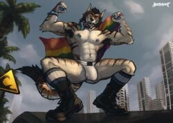 abs absurd_res acidwuff anthro arm_tuft armpit_hair black_boots black_clothing black_footwear blue_nipples blue_sky body_hair boots brown_body brown_fur brown_hair building bulge canid canine clothed clothing cloud crouching detailed_bulge dipstick_tail elbow_tuft fangs footwear front_view fur genital_outline hair hi_res jockstrap lgbt_pride looking_at_viewer male male_anthro mammal markings muscular muscular_anthro muscular_male narrowed_eyes nipples outside pecs penis_outline shoes short_hair sky socks solo striped_legs striped_markings striped_tail stripes tail tail_markings teeth topless tuft underwear white_body white_clothing white_fur white_jockstrap white_underwear yellow_eyes