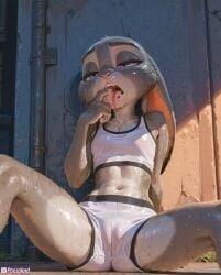 after_masturbation ai_generated breath cameltoe drooling fur furry high_resolution highres hires judy_hopps licking licking_fingers panzglard saliva sport sports_bra sports_shorts sports_uniform sportswear sweat tired tongue zootopia zootopia_2