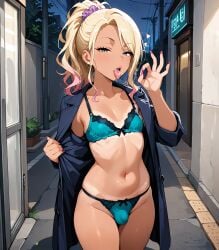 1boy 1femboy ai_generated blonde_hair bra bulge coat crossdressing fellatio_gesture femboy feminine_male girly gyaru gyaru-oh inviting inviting_to_oral inviting_to_sex lingerie looking_at_viewer monkeyskill nail_polish open_mouth outdoors outside panties ponytail solo street tan tan-skinned_femboy tan_body tan_skin tanline tanlines tanned tanned_skin tongue tongue_out trap underwear