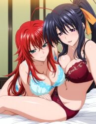 2girls ai_generated akeno_himejima bed big_breasts bikini curvy_female female_only girlfriends high_school_dxd indoors lesbian_couple rias_gremory rias_x_akeno smile thick_thighs voluptuous_female yuri yuri