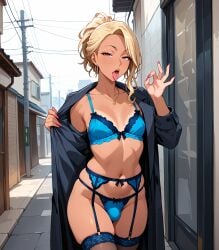 1boy 1femboy ai_generated blonde_hair bra bulge coat crossdressing fellatio_gesture femboy feminine_male girly gyaru gyaru-oh inviting inviting_to_oral inviting_to_sex lingerie looking_at_viewer monkeyskill nail_polish open_mouth outdoors outside panties ponytail solo street tan tan-skinned_femboy tan_body tan_skin tanline tanlines tanned tanned_skin tongue tongue_out trap underwear