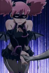 1girls bare_shoulders black_suit blush bodysuit bowtie breast clothing curvy disgusted disgusted_look earrings face_mask female fluids from_above grabbing_tentacle haneyama_kazuho heart heart_symbol high_boots legwear light-skinned_female light_skin looking_at_viewer my_hero_academia my_hero_academia:_vigilantes pink_eyes pink_hair pop_step screencap screenshot skirt sleeves solo solo_female solo_focus suit tentacle thick_thighs tight_clothing uncomfortable vigilante:_my_hero_academia_illegals wings