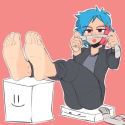 1girls :p barefoot blue_hair bottomwear clothed clothing countershade_feet feet feet_up female female_only foot_fetish foot_focus human legwear light-skinned_female light_skin lowres red_eyes sitting soles solo tan-skinned_female tan_skin tanned tinsay_(artist) tongue_out topwear