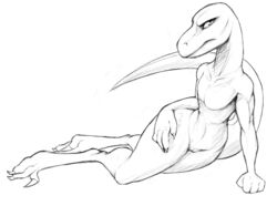 4_fingers angry anthro black_and_white claws dinosaur female flat_chested frown full-length_portrait hand_on_thigh long_tail looking_at_viewer lying monochrome nude on_side pinup portrait pose pussy raptor reptile scalie simple_background sketch solo talons theropod w4g4 white_background wide_hips