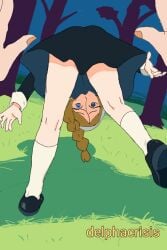 ass black_dress black_footwear blue_eyes braid brown_hair delpha_crisis dress falling female forest from_behind grass kneehighs legs long_hair long_sleeves looking_at_viewer nature robyn_goodfellowe shoes sky socks top-down_bottom-up tree upskirt view_between_legs white_socks wolfwalkers