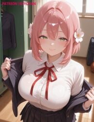 100_kanojo 1female 1girls 2025 ai_generated bangs big_breasts blush blush_lines breasts curvy curvy_body curvy_female curvy_figure female female_focus female_only flower flower_in_hair green_eyes hair_ornament hanazono_hakari huge_breasts jacket kimi_no_koto_ga_dai_dai_dai_dai_daisuki_na_100-nin_no_kanojo large_breasts light-skinned_female light_skin patreon patreon_username pink_hair pleated_skirt ribbon school_uniform schoolgirl seductive shirt short_hair shychan skirt smile smiley_face solo solo_female solo_focus stable_diffusion the_100_girlfriends_who_really_really_really_really_really_love_you undressing voluptuous voluptuous_female white_shirt