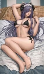 alternate_costume arm_behind_head arm_up armpits artist_name august_von_parseval_(azur_lane) august_von_parseval_(the_conquered_unhulde)_(azur_lane) azur_lane barefoot bikini black_bikini black_choker black_horns breasts cg choker cleavage curled_horns dated feet female full_body hair_over_one_eye horns large_breasts legs lips long_hair looking_at_viewer lying mechanical_horns navel parted_lips purple_eyes purple_hair sciamano240 side-tie_bikini_bottom signature solo swimsuit thighs toenails toes underboob very_long_hair