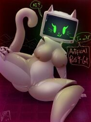 2025 anthro anus belly bodily_fluids breasts chatting crt_monitor detailed digital_media_(artwork) english_text felid feline female genital_fluids genitals glistening hi_res holding_leg holding_thigh lukkylk mammal metallic_body navel nipples nude nude_anthro nude_female plastic presenting pussy raised_tail red_floor robot_anthro robot_joints robotic_arm robotic_parts screen screen_face shaded showing_chest simple_background simple_face sitting smile smiling_at_viewer smooth_skin soft_shading solo spread_legs spreading tail talking_to_viewer text thick_thighs vaginal_fluids vulva wet