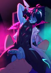 1boy abs anal anal_sex blinding_bangs blue_body blue_skin bouncing_on_penis deltarune dyed_hair femboy gay_sex guitar high_heels kris_(deltarune) male male/male male_only nonbinary nonbinary_(lore) penis penis_bouncing playzholder precum precum_drip presenting presenting_penis ripped_clothing ripped_leotard rocker undertale_(series)