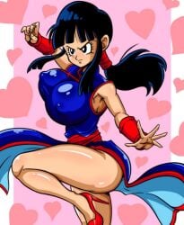 >:( armpits ass bangs bare_arms bare_legs bare_shoulders black_eyes black_hair blown_kiss blue_hair blunt_bangs blush breasts chi-chi_(dragon_ball) china_dress chinese_clothes closed_mouth covered_nipples female fighting_stance heart heart_background heart_censor high_heels huge_breasts jumping large_breasts leg_lift leg_up long_hair looking_at_viewer looking_away ponytail red_footwear shiny shiny_clothes shiny_skin sidelocks sleeveless solo spoken_heart standing standing_on_one_leg thighs tied_hair white_eyes wristband