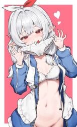 apron blue_jacket blush bra breasts commission covering_own_mouth cowboy_shot female hair_over_shoulder hair_ribbon hands_up head_tilt heart highres jacket jersey_maid long_hair long_sleeves looking_at_viewer maid maid_apron muhae_(dcnh8882) navel open_clothes open_jacket original panties pointy_ears red_eyes ribbon small_breasts solo stomach track_jacket unconventional_maid underwear unworn_panties very_long_hair white_bra white_hair white_panties
