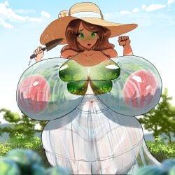 big_breasts big_nipples big_thighs breast_transformation breasts brown_hair chubby chubby_female female freckles garden gardener gardening gausscannon huge_breasts large_areolae massive_breasts orange_eyes red_nipples sun_hat thick_thighs transformation watermelon watermelon_breasts white_panties white_skin