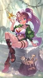 1girls alternate_costume bag blue_eyes blush boots bush dark-skinned_female dark_skin female green_jacket jacket jungle lamp life_is_pi long_hair looking_at_viewer outdoors pointy_ears ponytail purple_hair shantae shantae_(character) shantae_(series) shantae_advance:_risky_revolution sitting smile solo very_long_hair