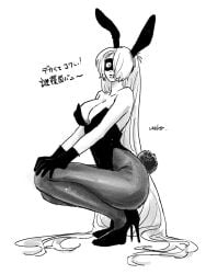 absurdly_long_hair big_breasts bunny_ears bunny_tail bunnysuit cleavage crouching domino_mask expressionless eye_mask female female_only full_body gegege_no_kitarou genderswap_(mtf) gloves hair_over_one_eye high_heels iamurako kitarou_tanjou_gegege_no_nazo long_hair looking_at_viewer mask medama_oyaji_(human) monochrome pantyhose playboy_bunny rule_63 solo squatting very_long_hair
