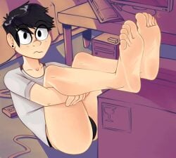 1boy bare_legs barefoot black_hair bottomwear briefs bulge clothed clothing earrings feet_up foot_fetish foot_focus human light-skinned_male light_skin lowres male male_only original_character presenting_feet presenting_hindquarters ryan_(tinsay) shirt short_hair soles solo tinsay_(artist) topwear wide_eyed