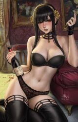 artist_name bare_shoulders black_bra black_gloves black_hair black_panties black_thighhighs blood blood_on_weapon blush bottle bra breasts cg choker cleavage collarbone dagger dated earrings female fingerless_gloves flower gloves gold_earrings gold_hairband hair_flower hair_ornament hairband holding holding_bottle holding_dagger holding_knife holding_weapon indoors jewelry knife lace_trim large_breasts lingerie lips long_hair looking_at_viewer navel on_floor panties parted_lips patreon_username red_eyes rose sciamano240 short_hair_with_long_locks sidelocks signature sitting smile solo spikes spy_x_family stiletto_(weapon) stomach thigh_boots thighhighs thighs two-sided_fabric underwear underwear_only weapon web_address wine_bottle yokozuwari yor_briar yor_forger
