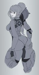 armor armor_removed armored_samus ass_focus ass_grab bodysuit female female_only from_behind human impracticalart long_hair looking_at_viewer looking_back metroid nintendo ponytail power_armor power_suit removed_armor samus_aran simple_background solo tied_hair varia_suit zero_suit zero_suit_samus