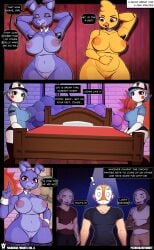 absurd_res animatronic anthro avian bed belly bird blonde_hair bonnie_(fnaf) breasts chica_(fnaf) chicken clitoris clothing comic customer_(freddy_fuckbear's_cathouse) female female/female five_nights_at_freddy's freddy_fuckbear's_cathouse_(kevwrite) furniture galliform gallus_(genus) genitals green_eyes group hair hi_res kevwrite lagomorph leporid lying lying_on_ground machine mammal mask nipples nude on_ground panties phasianid pink_eyes purple_body rabbit robot scottgames slightly_chubby speech_bubble staff_bot_(fnaf) text underwear underwear_on_head white_body yellow_body