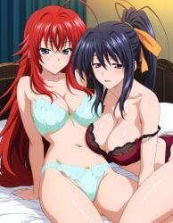 2girls ai_generated akeno_himejima bed big_breasts bikini curvy_female female_only girlfriends high_school_dxd indoors lesbian_couple rias_gremory rias_x_akeno thick_thighs voluptuous_female wide_hips yuri yuri
