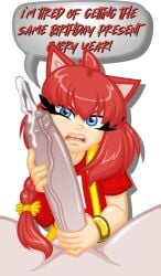 2girls ahoge animal_ear_fluff animal_ears black_background blue_eyes bow bracelet braid cat_ears cat_girl cat_tail cum ejaculation english_text erection foreskin futa_with_female futanari hair_between_eyes hair_ornament hairbow handjob highres holding jewelry large_penis looking_at_viewer medium_hair multiple_girls nude open_mouth original penis petite pov red_hair ribbon rock_candy shiny_skin shirt short_sleeves simple_background single_braid sofi_"zoo"_wong_(rock_candy) solo_focus speech_bubble tail teeth testicles thick_eyelashes tongue uncensored upper_body vector_art veins veiny_penis