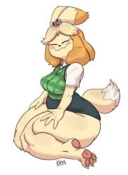:3 animal_ears bare_legs barefoot blonde_hair blush bottomless breasts closed_eyes closed_mouth dog_ears dog_tail english_text female full_body fur furry glasses green_shirt hair_ornament hair_tie happy humanization large_breasts medium_breasts miniskirt no_humans paws pencil_skirt seiza shirt shizue_(doubutsu_no_mori) short_hair short_sleeves simple_background sitting skirt sleeping smile solo striped sweater_vest tail thick_thighs thighs tied_hair toes topknot uniform vest white_background white_shirt