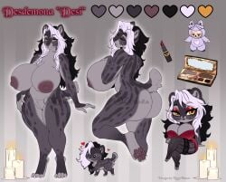 anthro belly big_belly big_breasts black_hair breasts candle clothed clothing desdemona_(zenaita) eyelashes fangs felid female female_anthro fur furry genitals grey_body grey_fur hair hi_res huge_breasts humanoid_genitalia humanoid_vulva looking_at_viewer mammal model_sheet mouth_closed narrowed_eyes nude orange_eyes pussy red_clothing red_topwear solo standing teeth tiggybloom topwear vulva white_hair