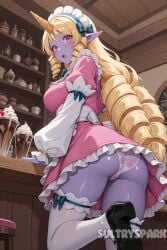 ai_generated ass bangs black_footwear blonde_hair blue_bow blush bow bowtie breasts cafe_cutie_soraka cafe_cuties_series colored_skin cup dress drill_hair female food frilled_dress frills from_behind futarush hairbow horns indoors large_breasts league_of_legends league_of_legends:_wild_rift leg_up long_hair long_sleeves looking_at_viewer looking_back maid maid_headdress open_mouth panties patreon patreon_username pink_eyes pink_skin pointy_ears puffy_short_sleeves puffy_sleeves riot_games shoes short_sleeves single_horn solo soraka standing sultryspark sweat thighhighs underwear very_long_hair wet_panties white_panties white_thighhighs